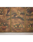 Vintage Six-Panel Leather Screen with Birds, Flowers, and Roosters