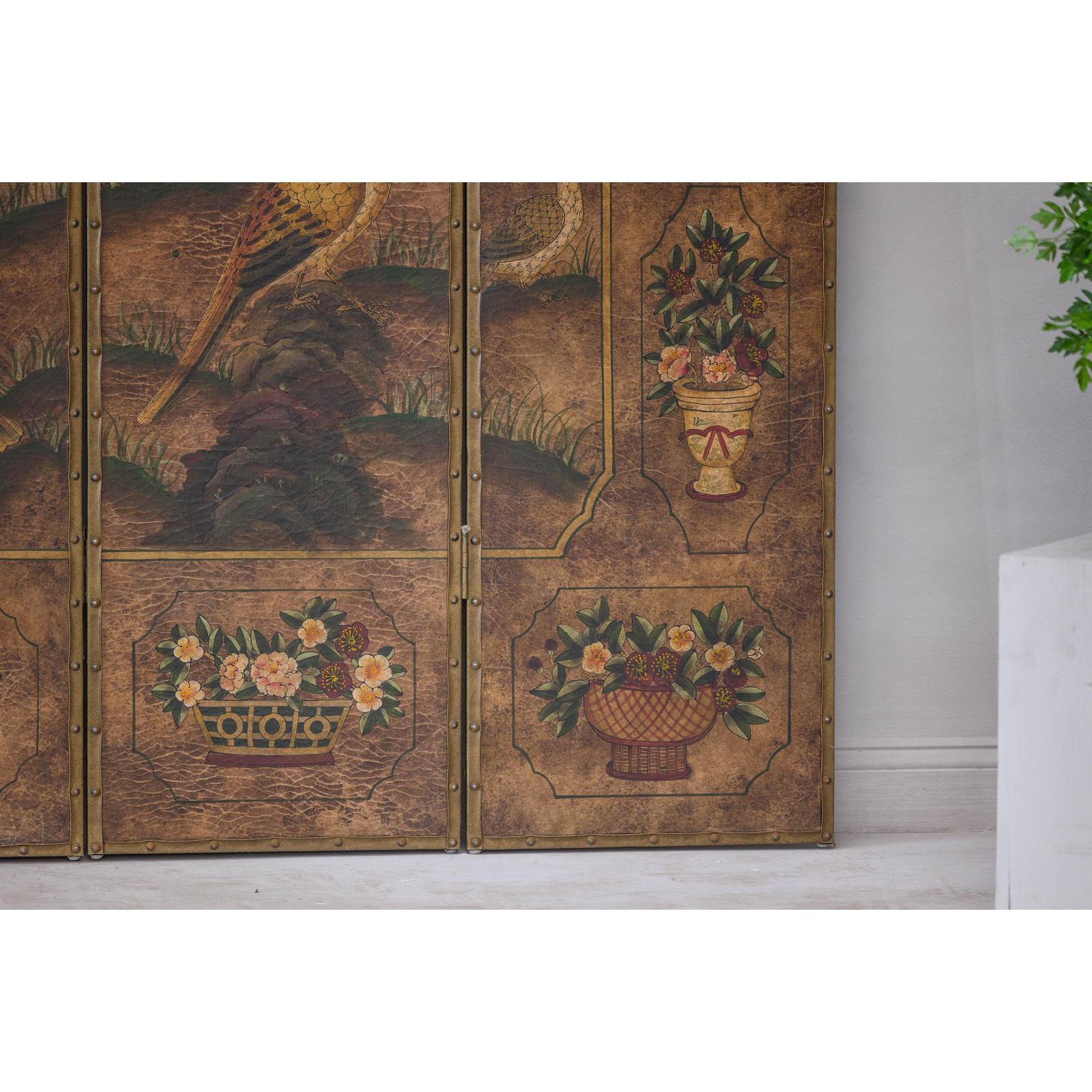 Vintage Six-Panel Leather Screen with Birds, Flowers, and Roosters