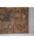 Vintage Six-Panel Leather Screen with Birds, Flowers, and Roosters