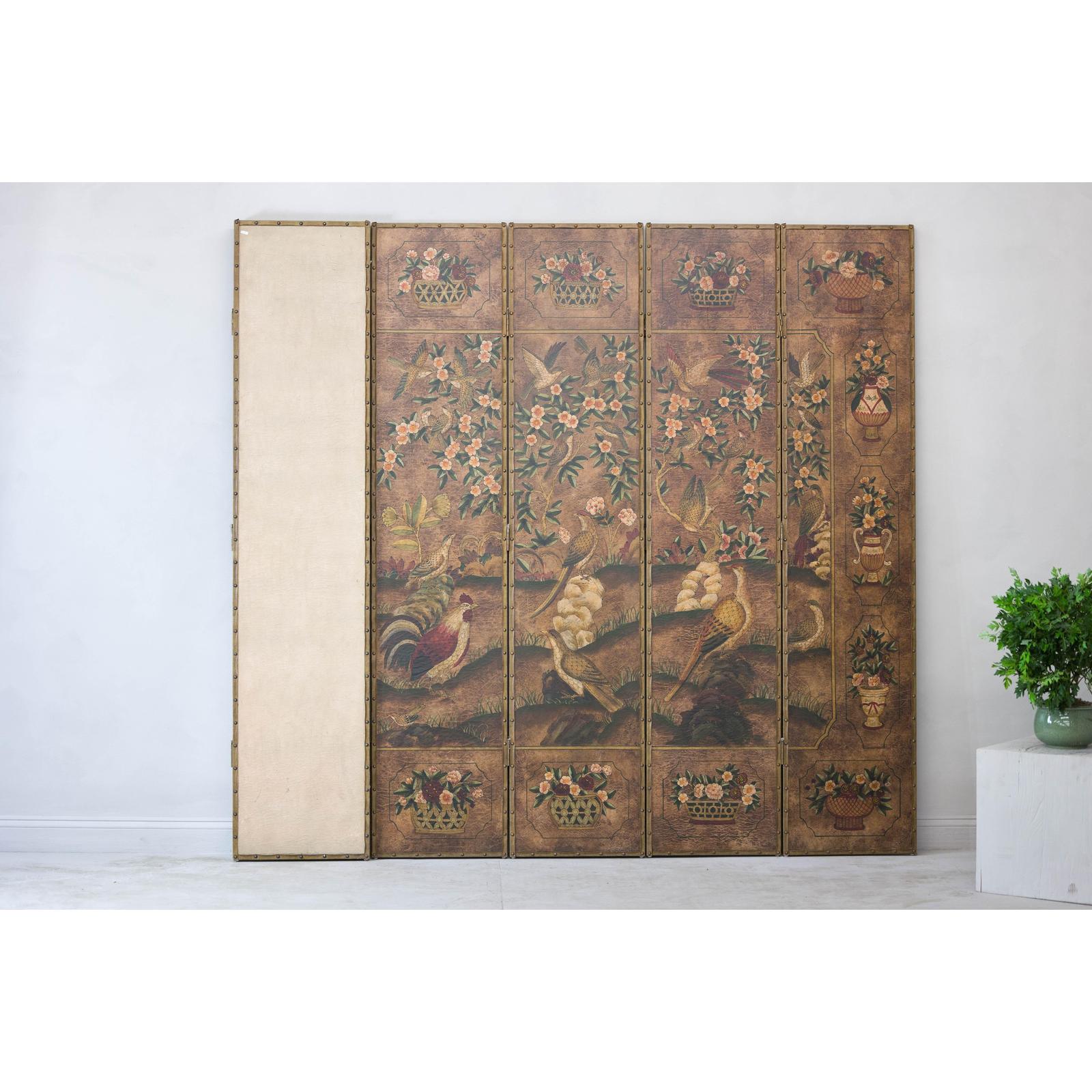 Vintage Six-Panel Leather Screen with Birds, Flowers, and Roosters
