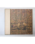 Vintage Six-Panel Leather Screen with Birds, Flowers, and Roosters