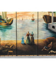 Vintage Venetian Scene Four-Panel Folding Screen with Nautical Motifs