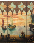 Vintage Venetian Scene Four-Panel Folding Screen with Nautical Motifs