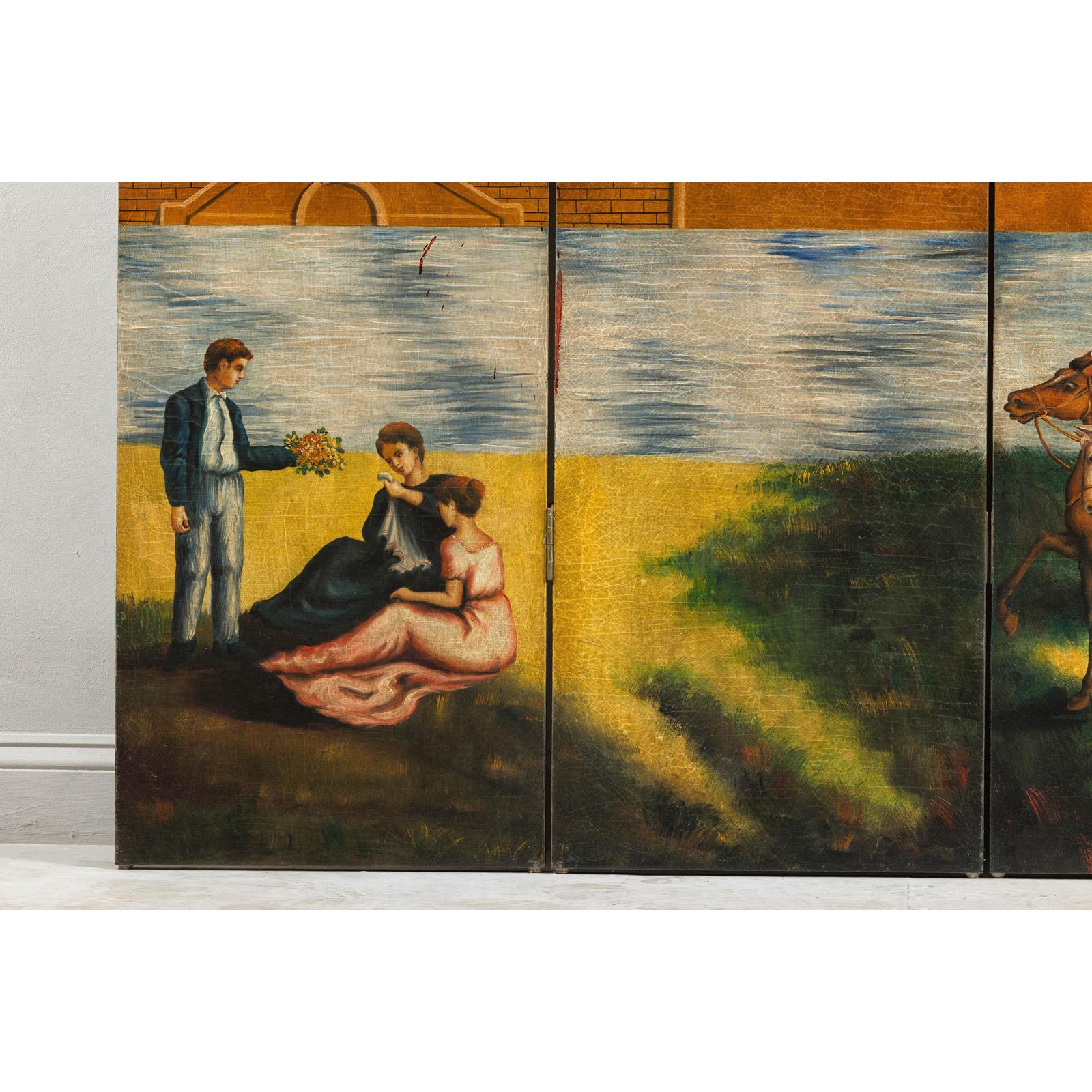 Hand-Painted Folding Screen with Romantic European Countryside and Architecture