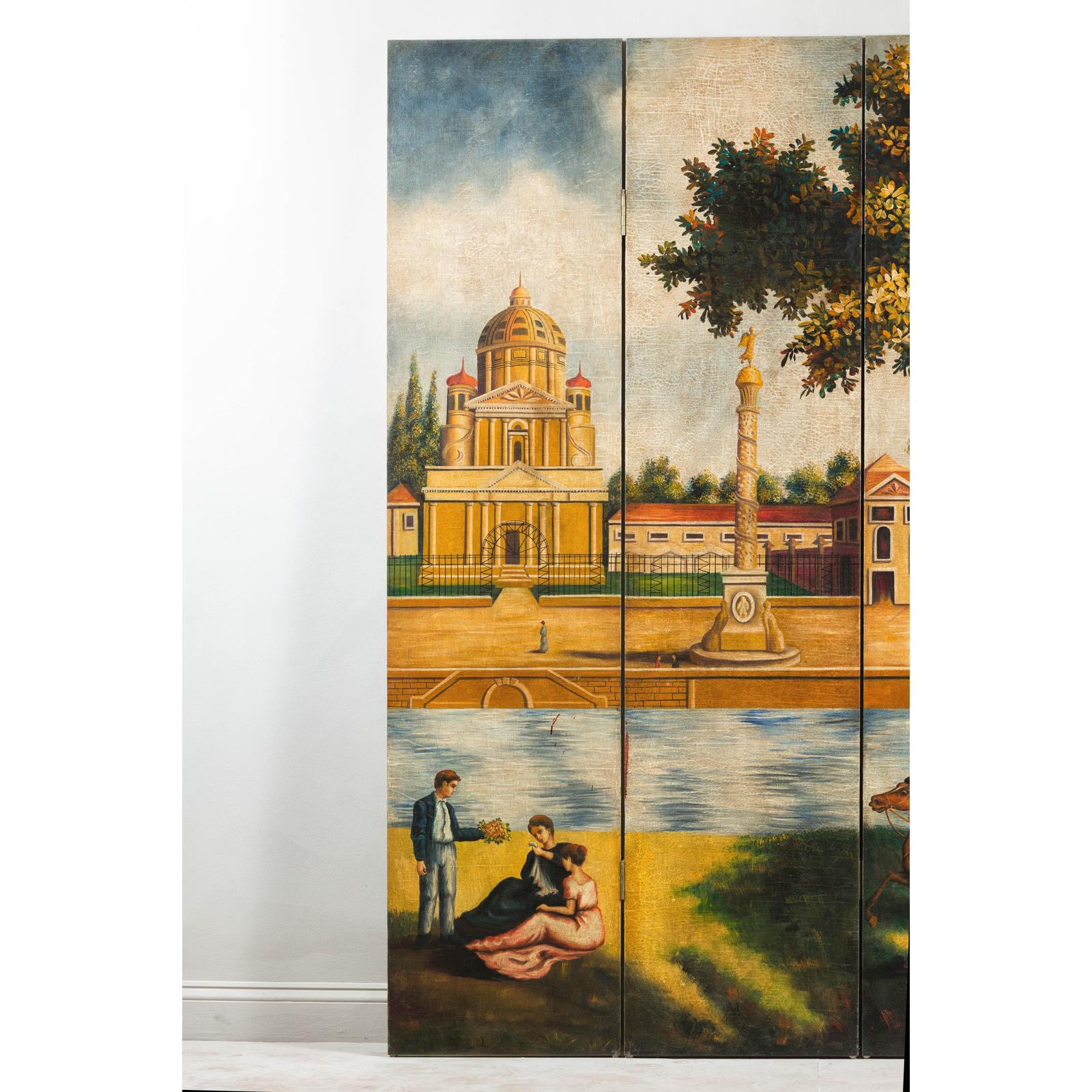 Hand-Painted Folding Screen with Romantic European Countryside and Architecture