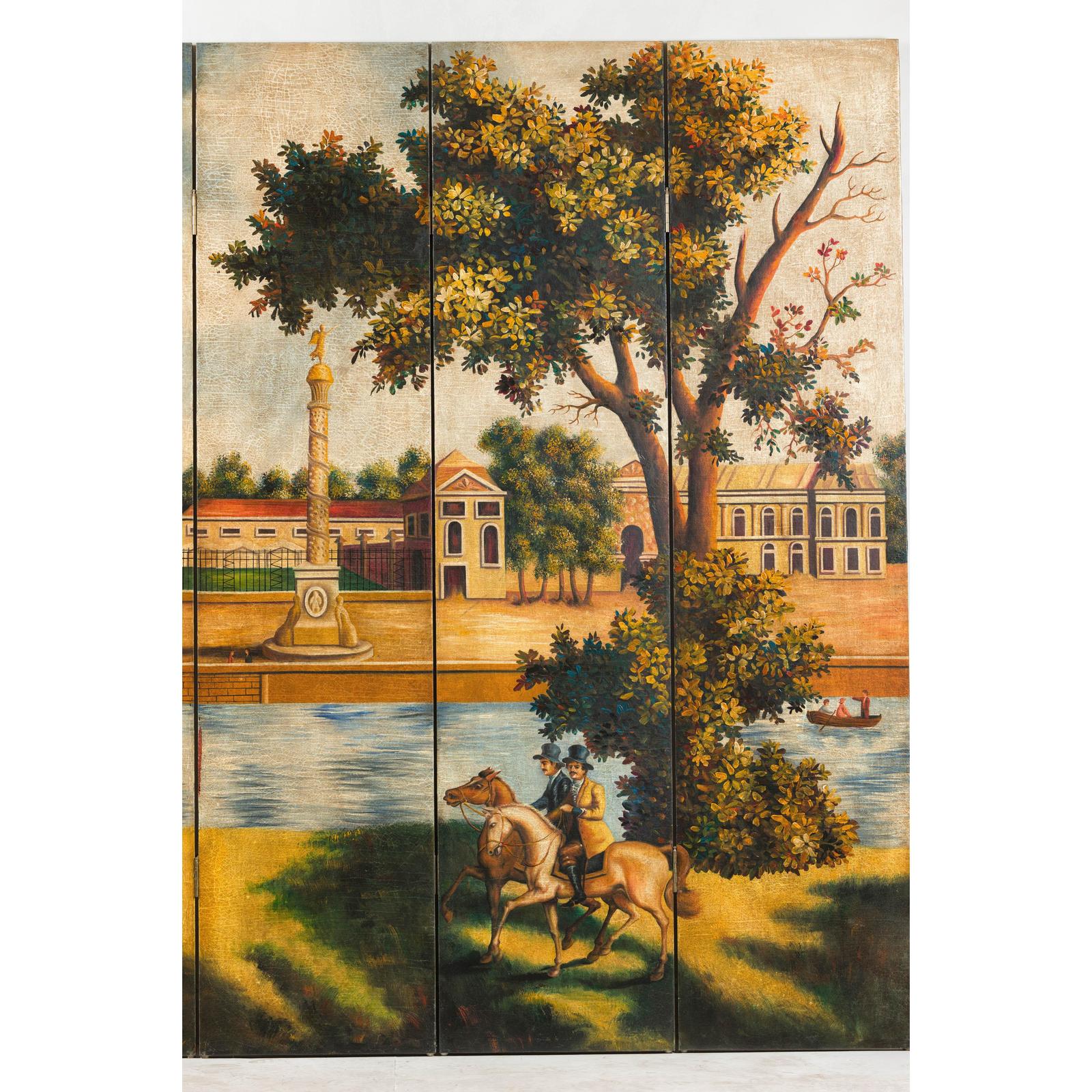 Hand-Painted Folding Screen with Romantic European Countryside and Architecture