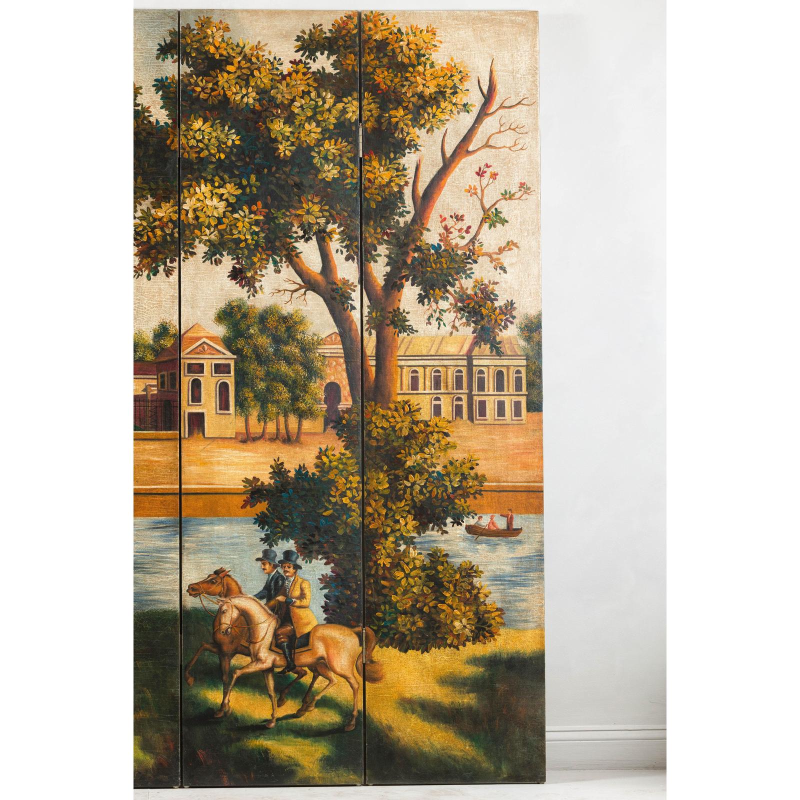 Hand-Painted Folding Screen with Romantic European Countryside and Architecture