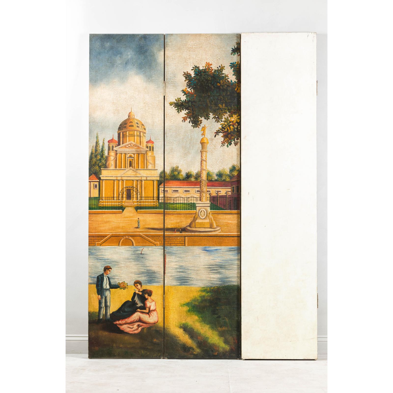 Hand-Painted Folding Screen with Romantic European Countryside and Architecture