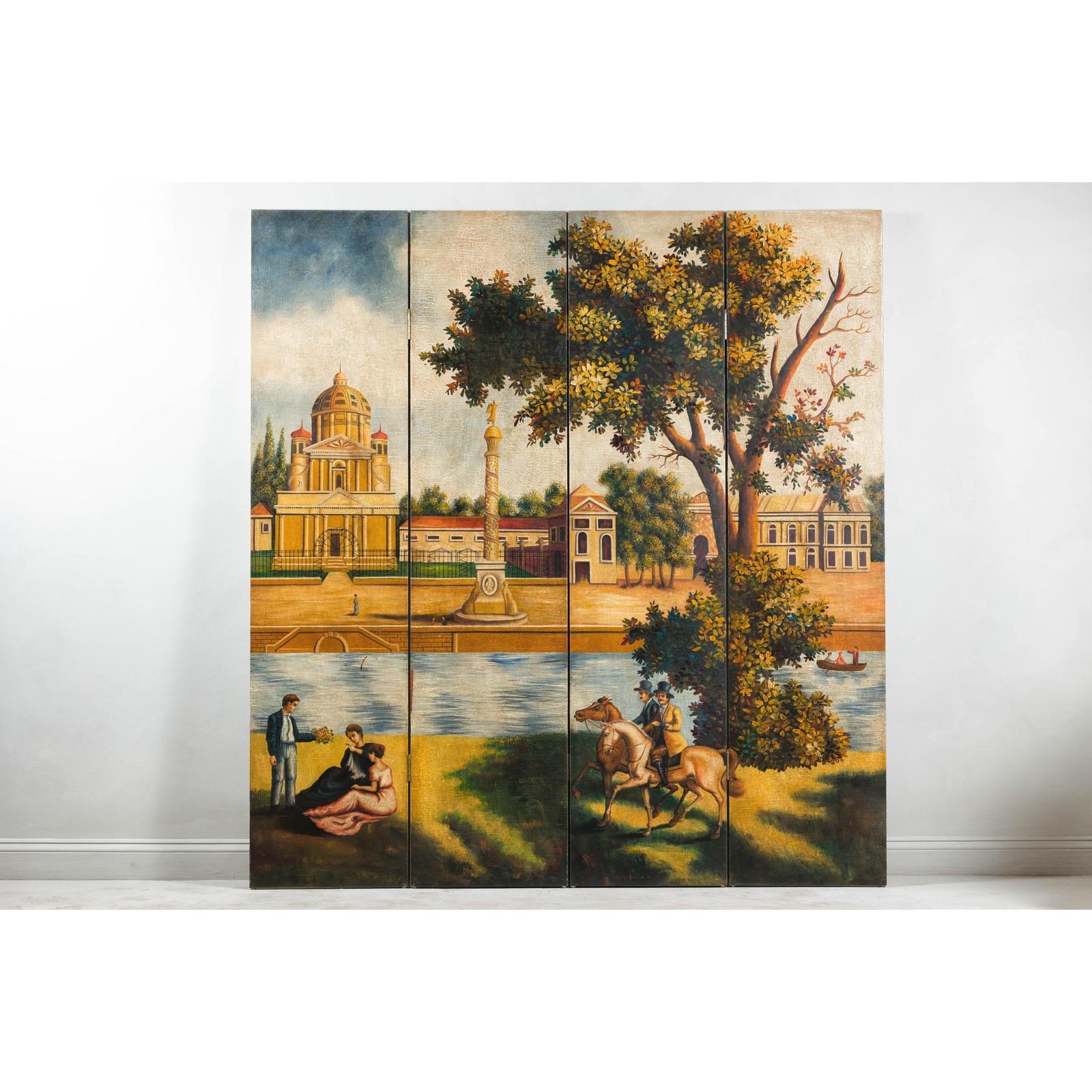 Hand-Painted Folding Screen with Romantic European Countryside and Architecture