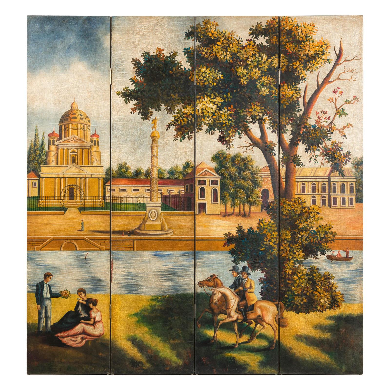 Hand-Painted Folding Screen with Romantic European Countryside and Architecture
