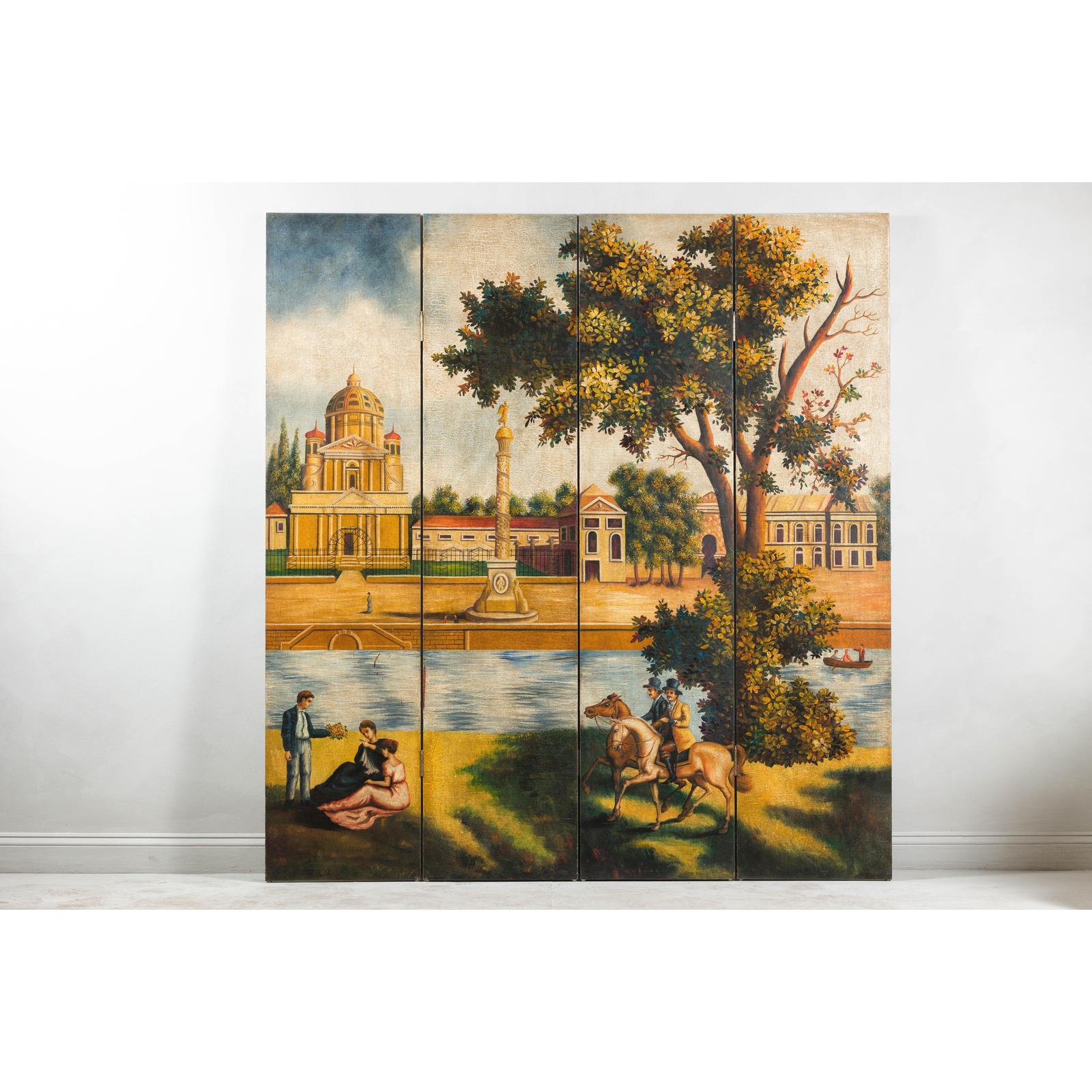 Hand-Painted Folding Screen with Romantic European Countryside and Architecture