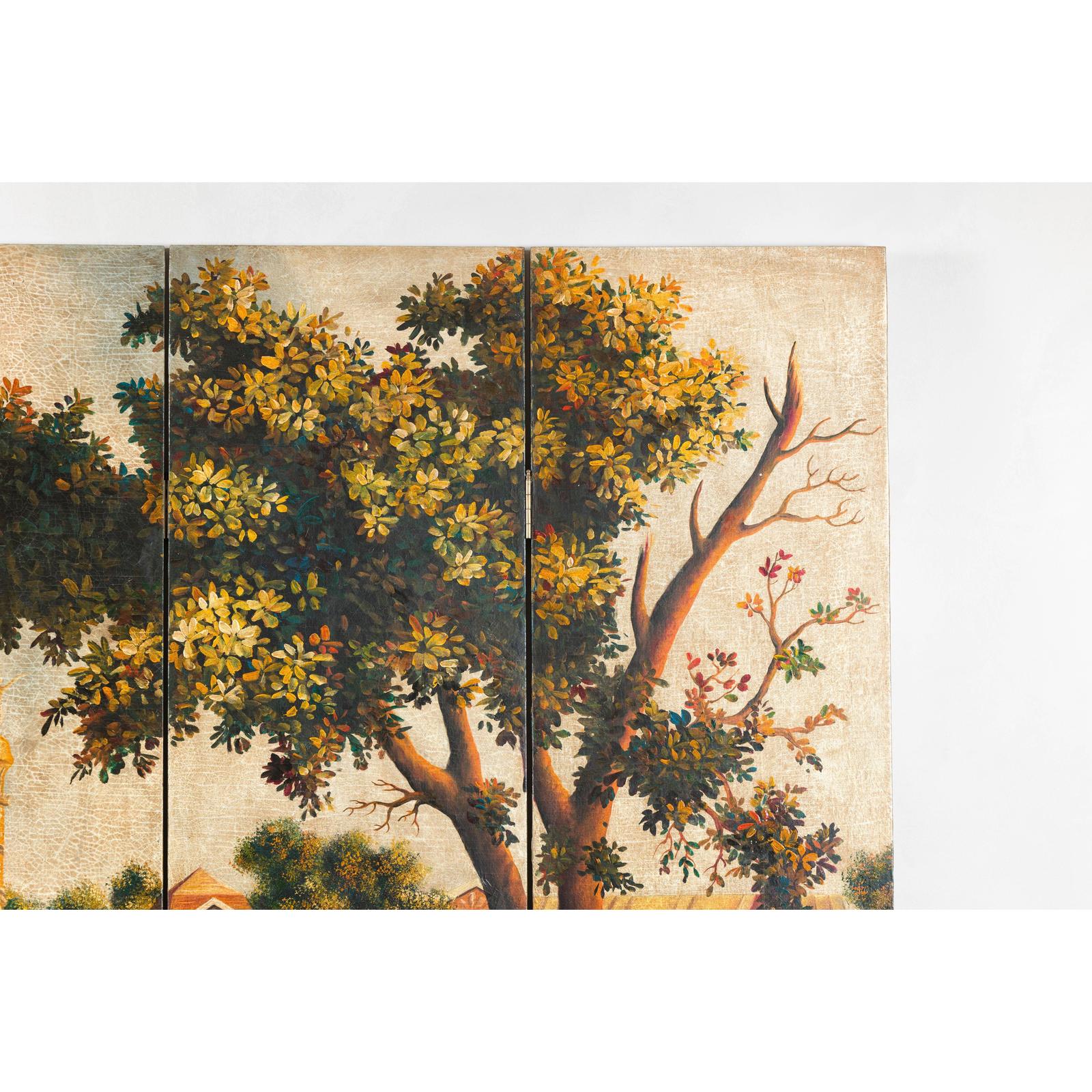 Hand-Painted Folding Screen with Romantic European Countryside and Architecture