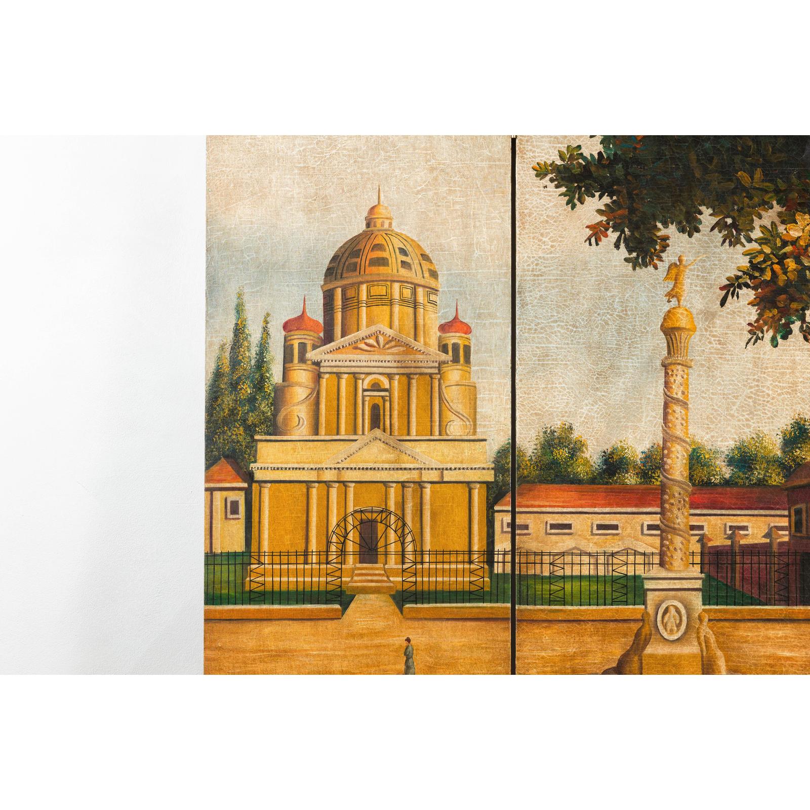 Hand-Painted Folding Screen with Romantic European Countryside and Architecture