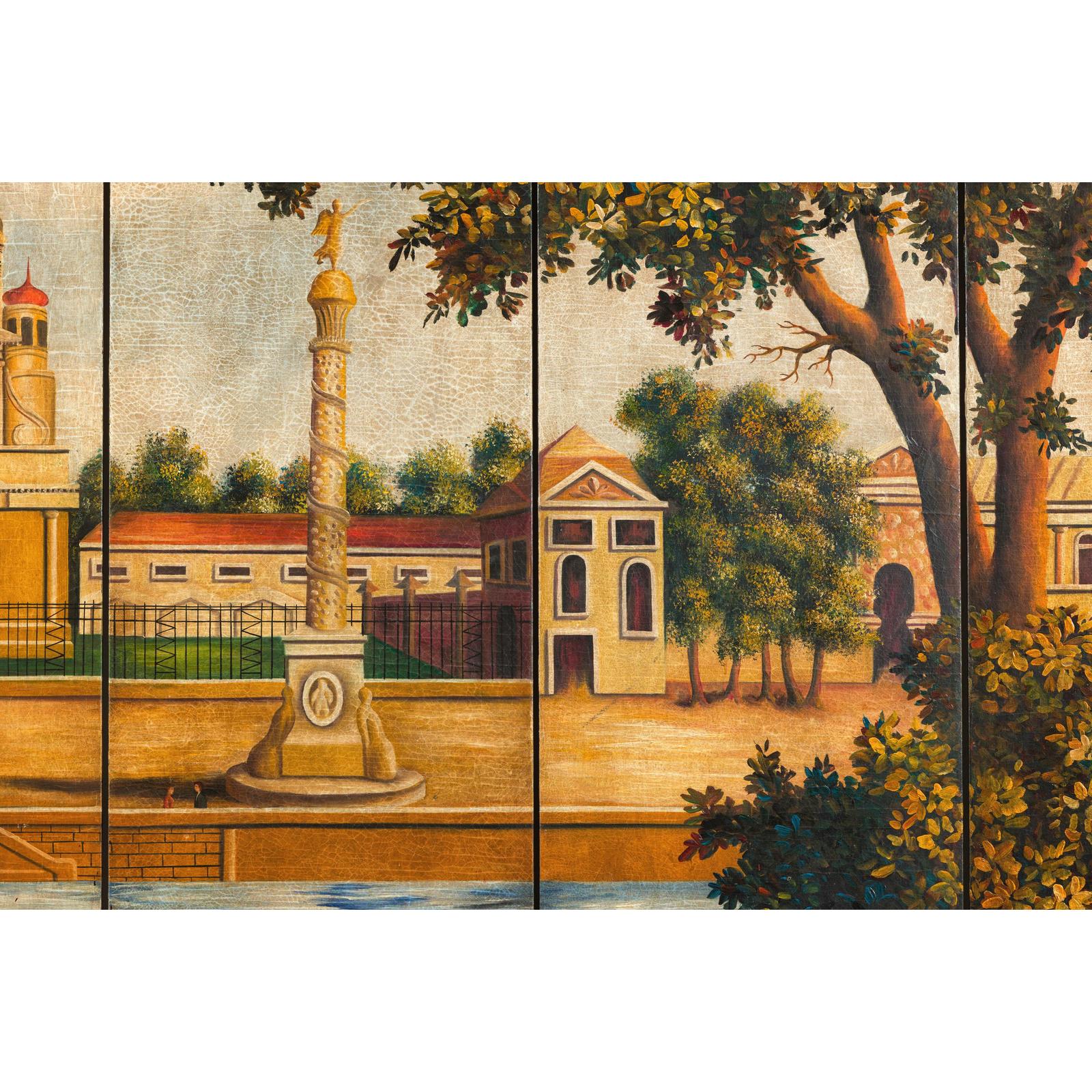 Hand-Painted Folding Screen with Romantic European Countryside and Architecture