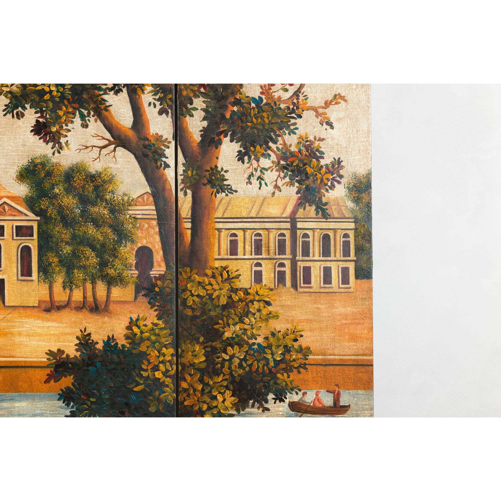 Hand-Painted Folding Screen with Romantic European Countryside and Architecture