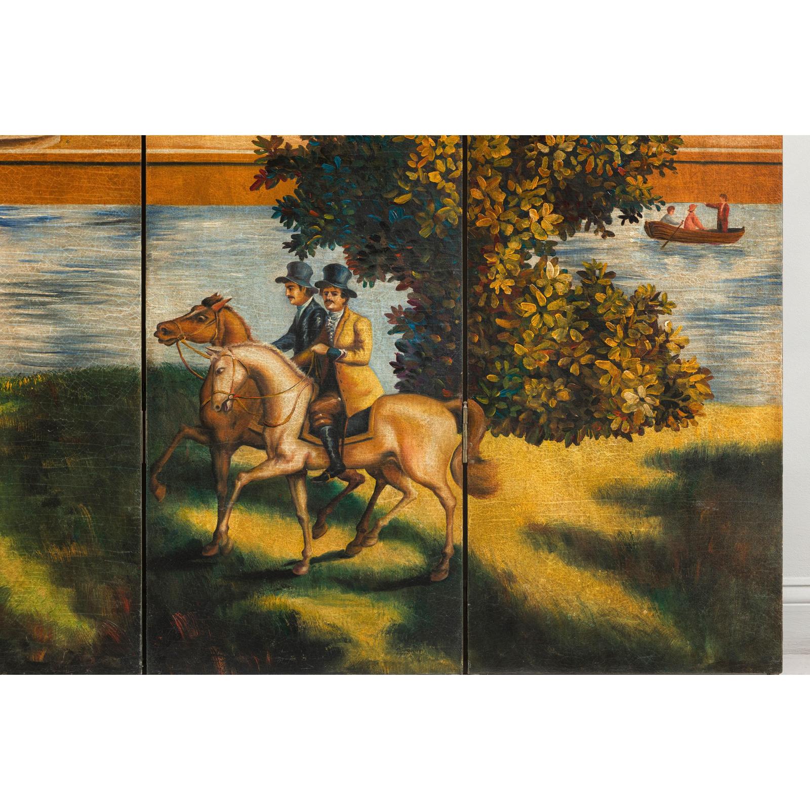 Hand-Painted Folding Screen with Romantic European Countryside and Architecture