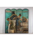Classical 4-Panel Scalloped Screen with Hand-Painted Maidens and Coastal Scene