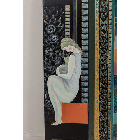 Hand-Painted Art Deco Inspired Four-Panel Screen with Three Elegant Ladies-YN2818-7. Asian & Chinese Furniture, Art, Antiques, Vintage Home Décor for sale at FEA Home