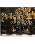Black and Gold Lacquered Eight-Panel Screen with Monks and Children Scene