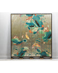 Four-Panel Screen with Koi and Lotus Design, Brass Feet, Elegant Room Divider