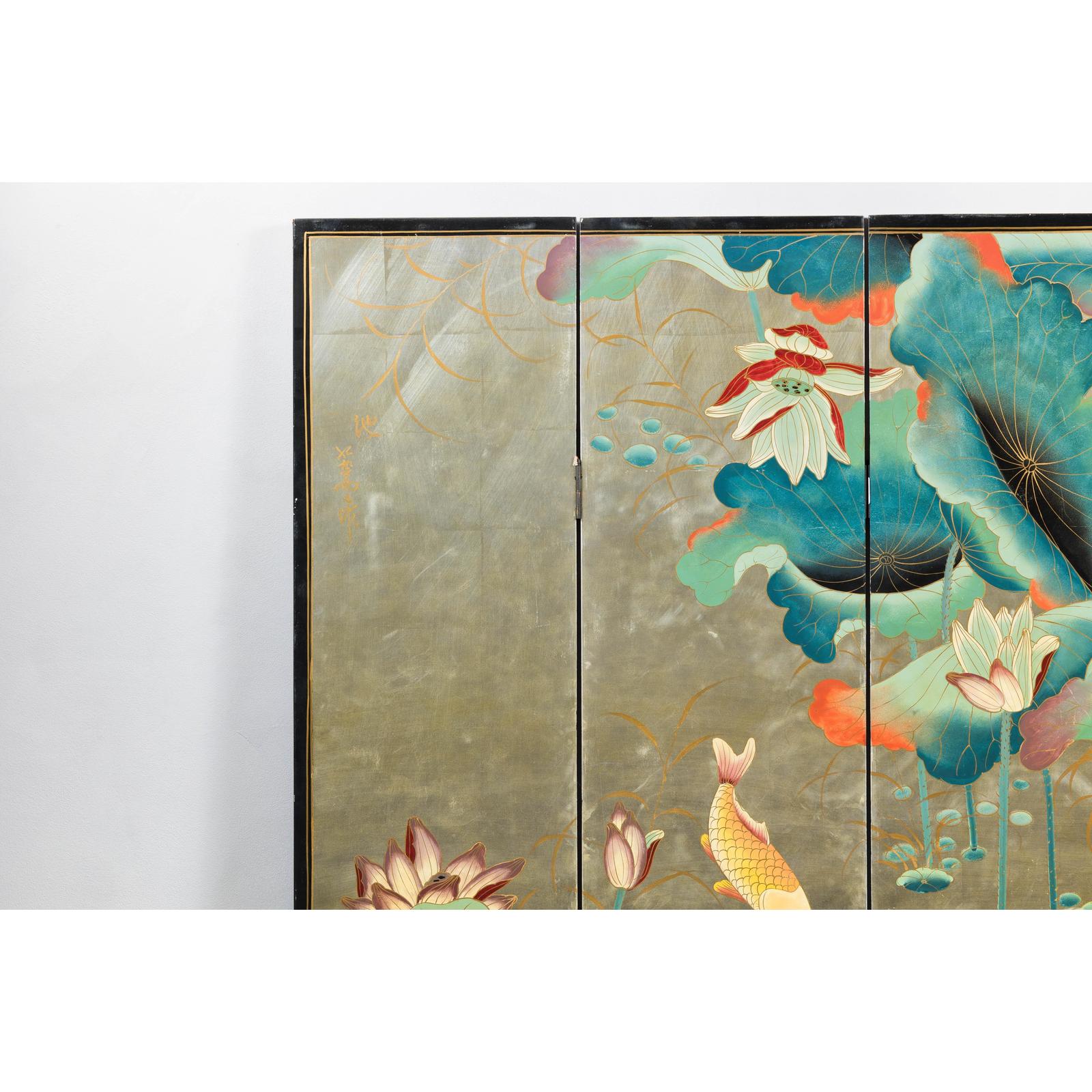 Four-Panel Screen with Koi and Lotus Design, Brass Feet, Elegant Room Divider