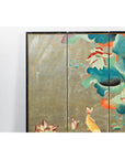 Four-Panel Screen with Koi and Lotus Design, Brass Feet, Elegant Room Divider