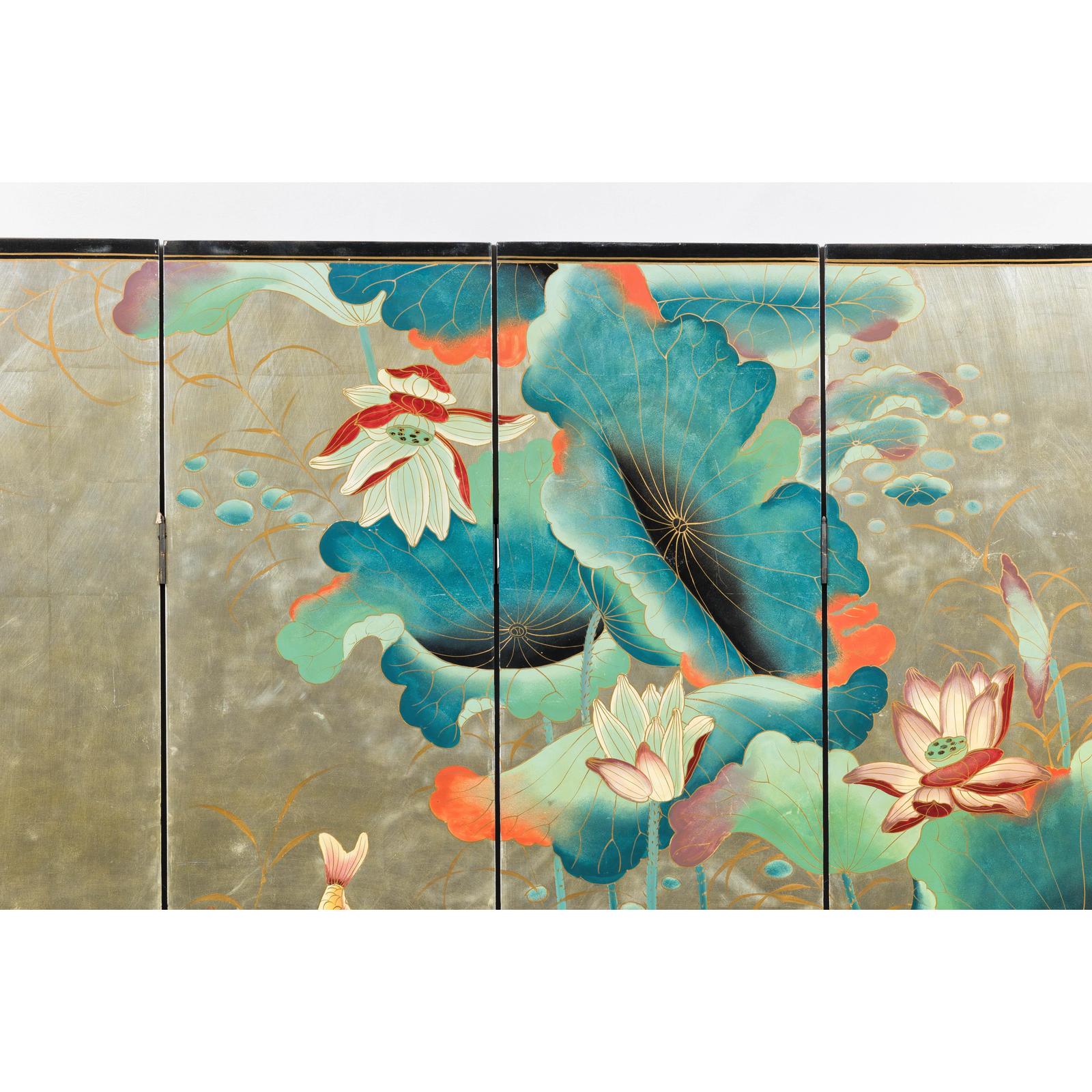 Four-Panel Screen with Koi and Lotus Design, Brass Feet, Elegant Room Divider
