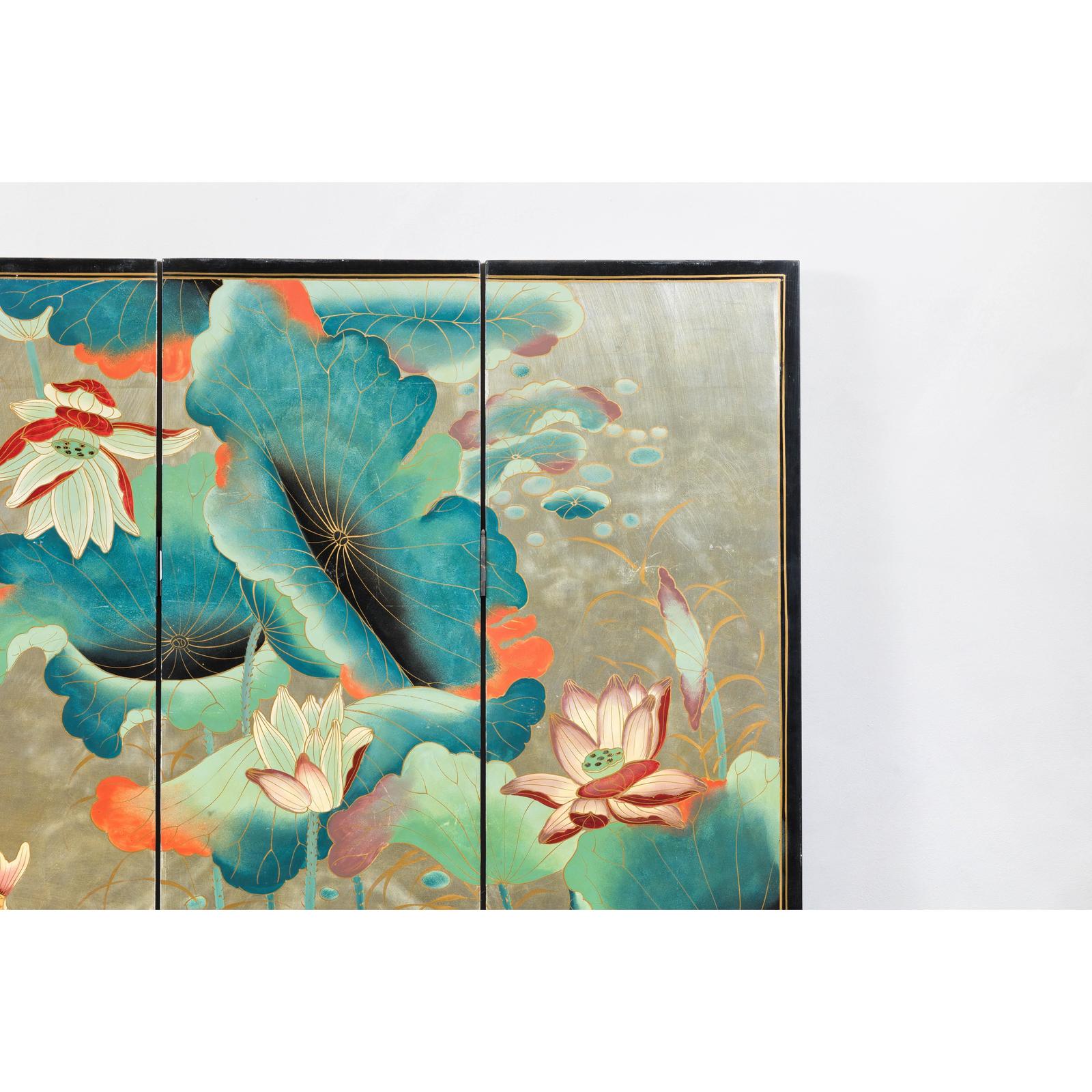 Four-Panel Screen with Koi and Lotus Design, Brass Feet, Elegant Room Divider