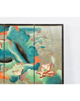 Four-Panel Screen with Koi and Lotus Design, Brass Feet, Elegant Room Divider