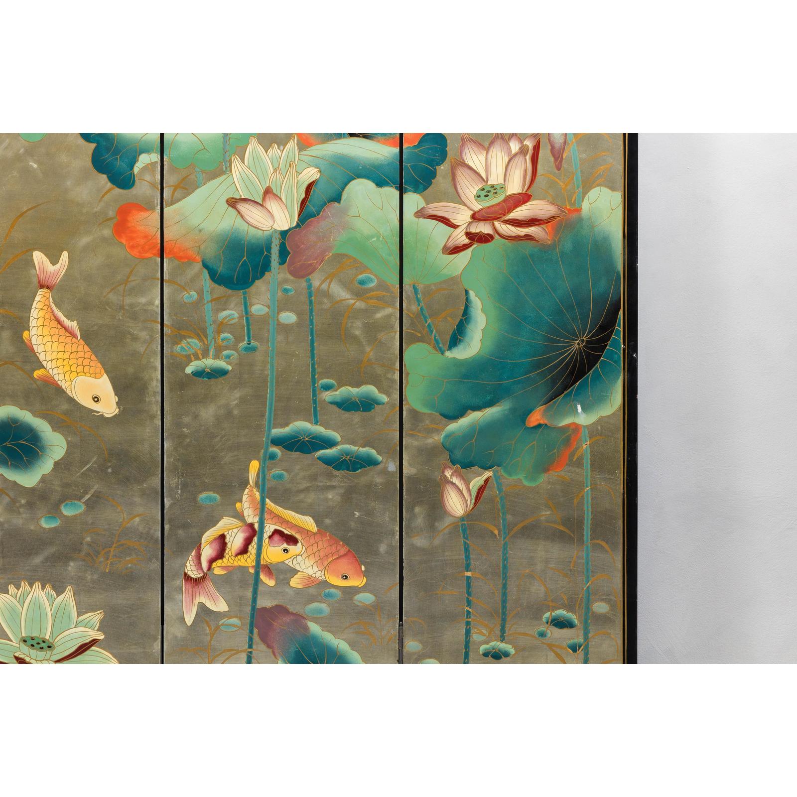 Four-Panel Screen with Koi and Lotus Design, Brass Feet, Elegant Room Divider