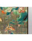 Four-Panel Screen with Koi and Lotus Design, Brass Feet, Elegant Room Divider