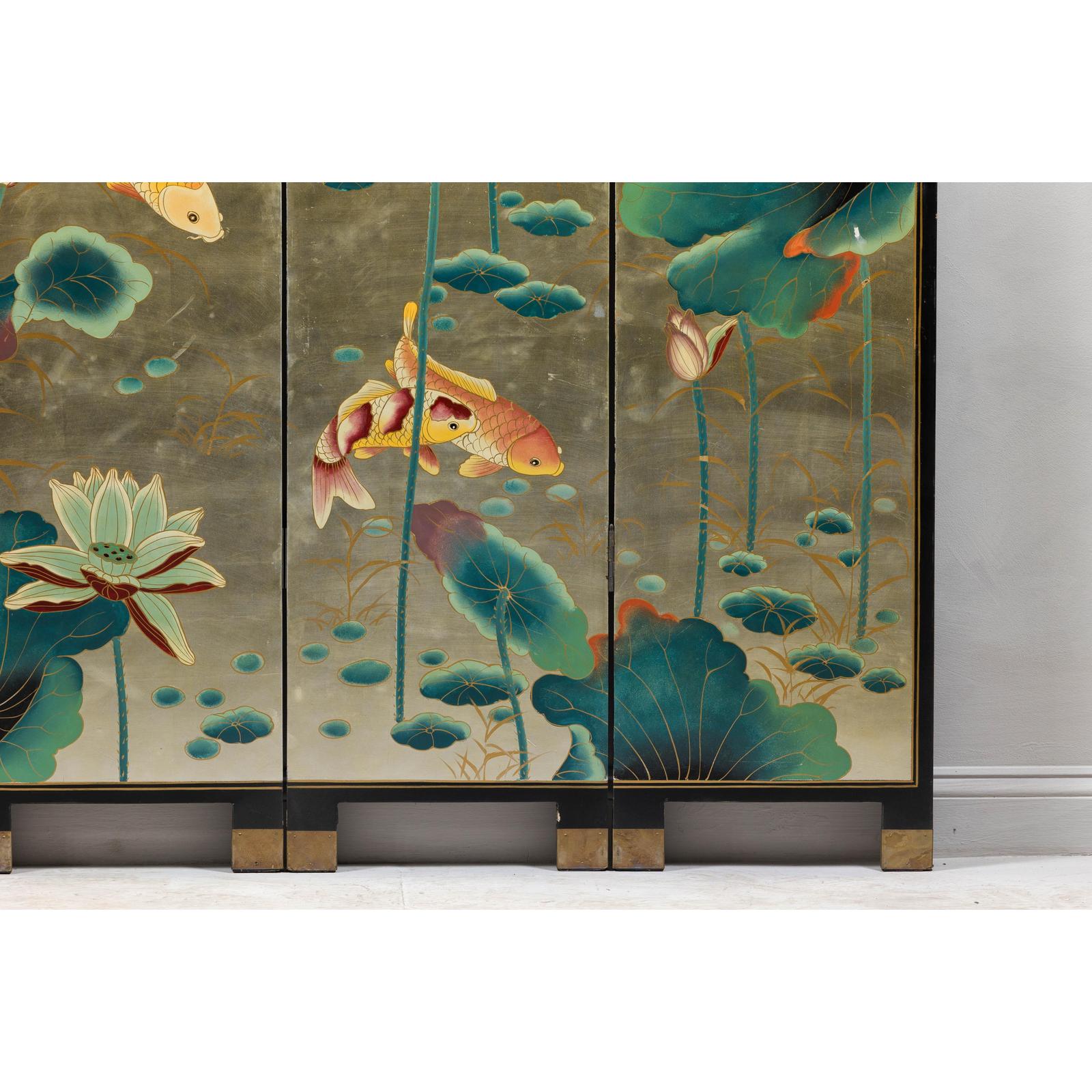 Four-Panel Screen with Koi and Lotus Design, Brass Feet, Elegant Room Divider