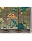 Four-Panel Screen with Koi and Lotus Design, Brass Feet, Elegant Room Divider