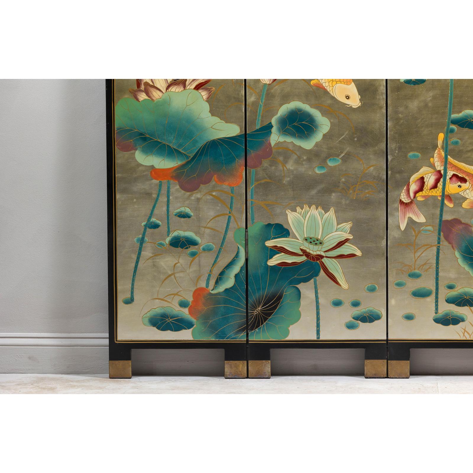 Four-Panel Screen with Koi and Lotus Design, Brass Feet, Elegant Room Divider