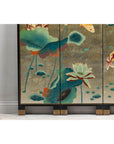 Four-Panel Screen with Koi and Lotus Design, Brass Feet, Elegant Room Divider