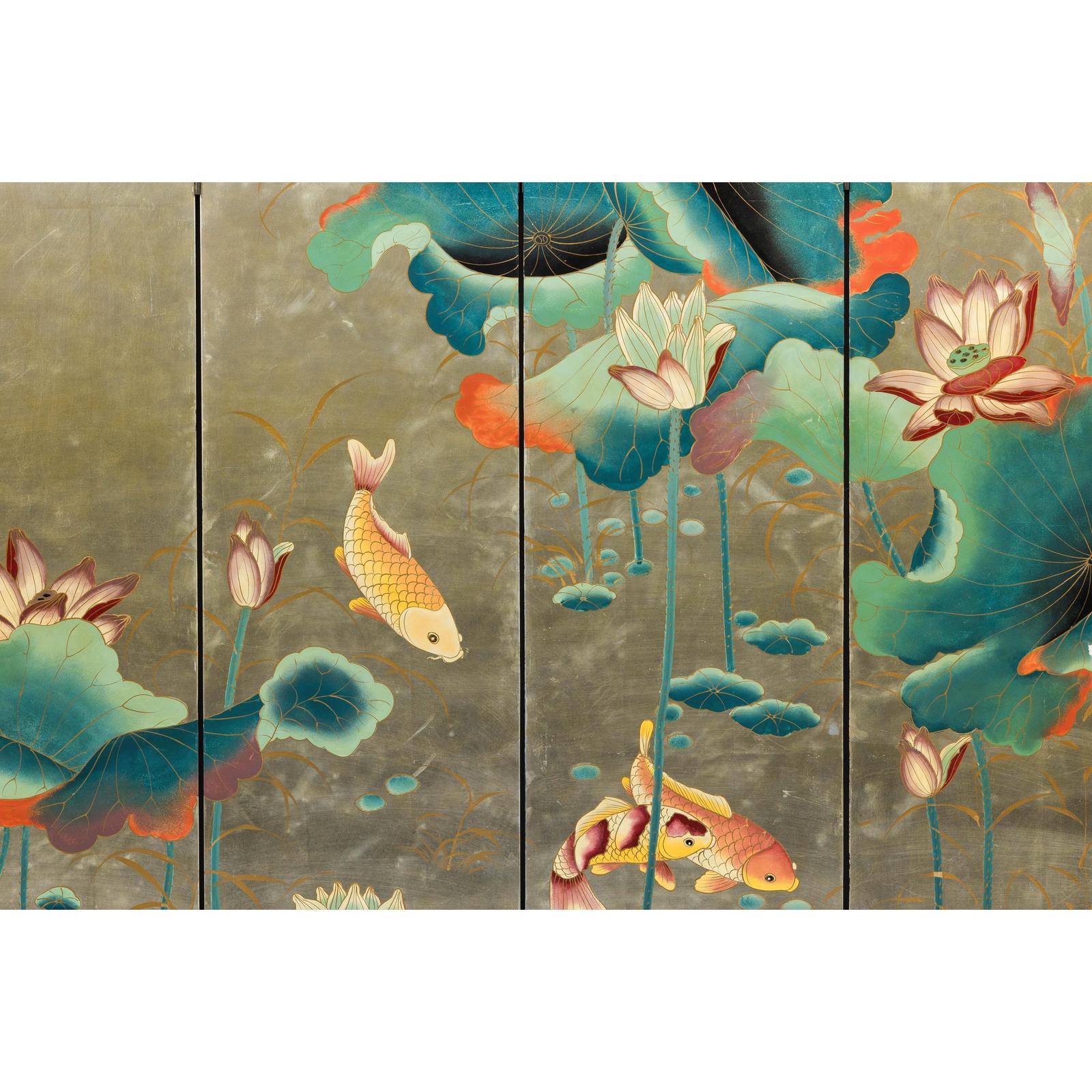 Four-Panel Screen with Koi and Lotus Design, Brass Feet, Elegant Room Divider