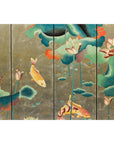 Four-Panel Screen with Koi and Lotus Design, Brass Feet, Elegant Room Divider