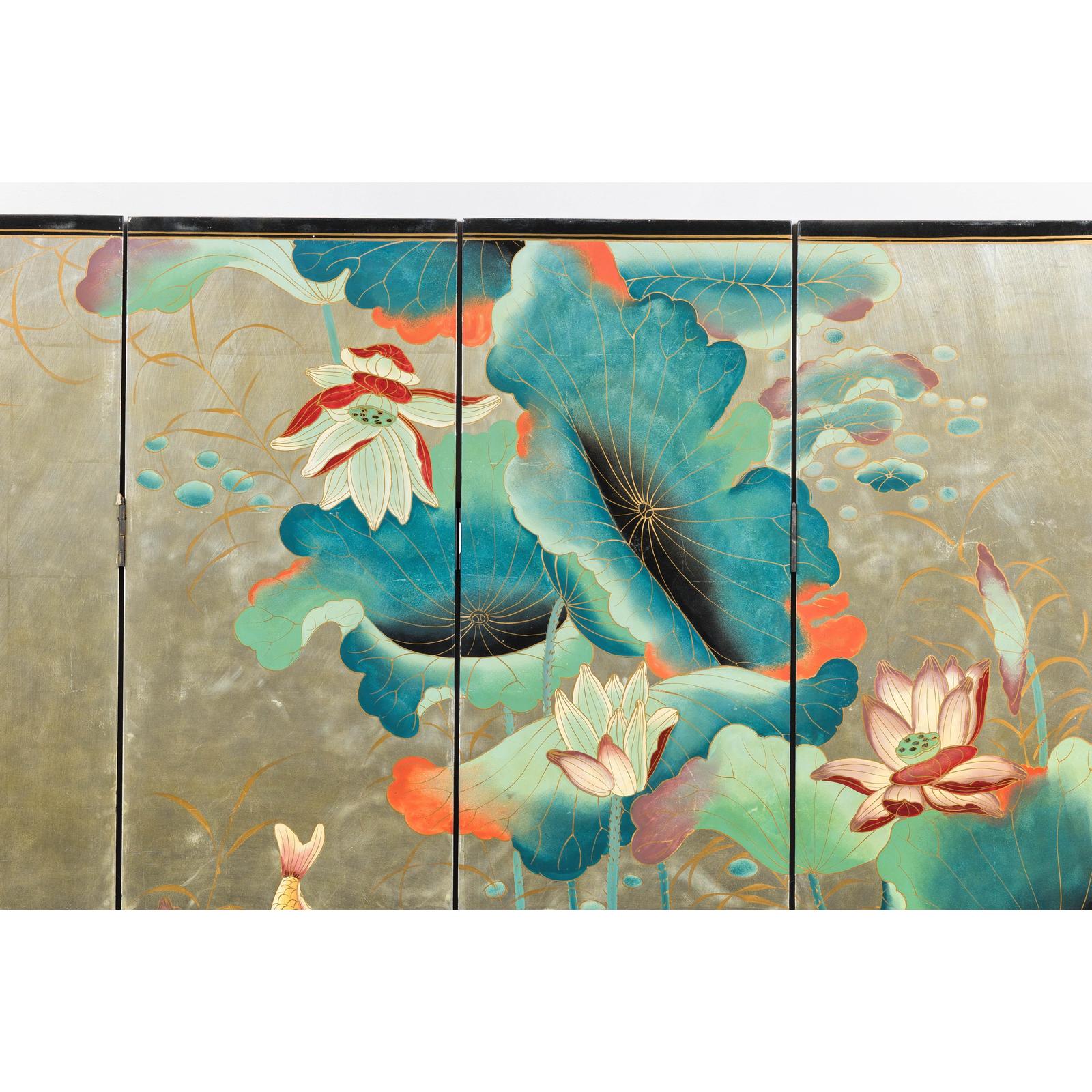 Four-Panel Screen with Koi and Lotus Design, Brass Feet, Elegant Room Divider