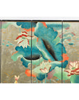 Four-Panel Screen with Koi and Lotus Design, Brass Feet, Elegant Room Divider