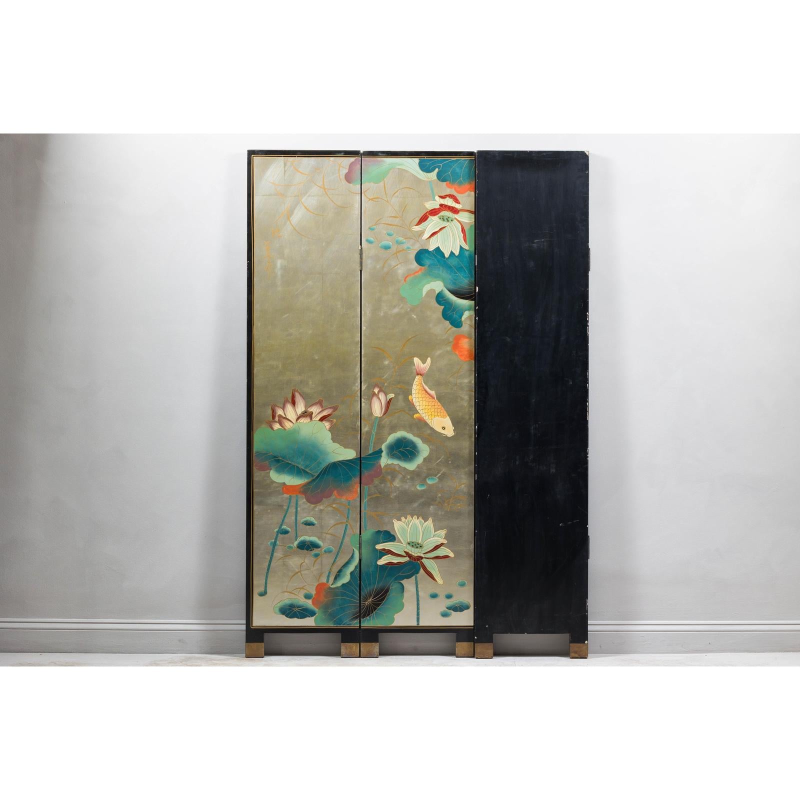 Four-Panel Screen with Koi and Lotus Design, Brass Feet, Elegant Room Divider