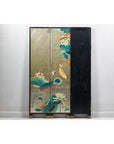 Four-Panel Screen with Koi and Lotus Design, Brass Feet, Elegant Room Divider