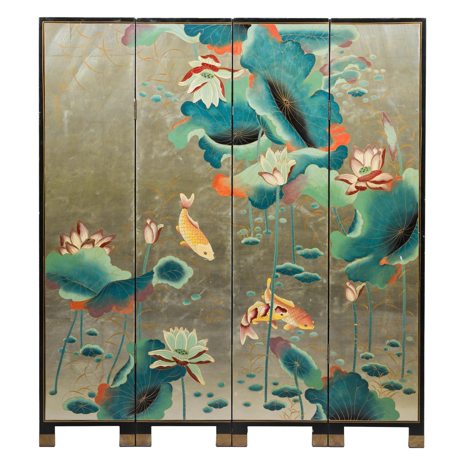 Four-Panel Screen with Koi and Lotus Design, Brass Feet, Elegant Room Divider