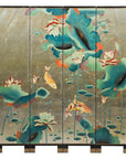 Four-Panel Screen with Koi and Lotus Design, Brass Feet, Elegant Room Divider