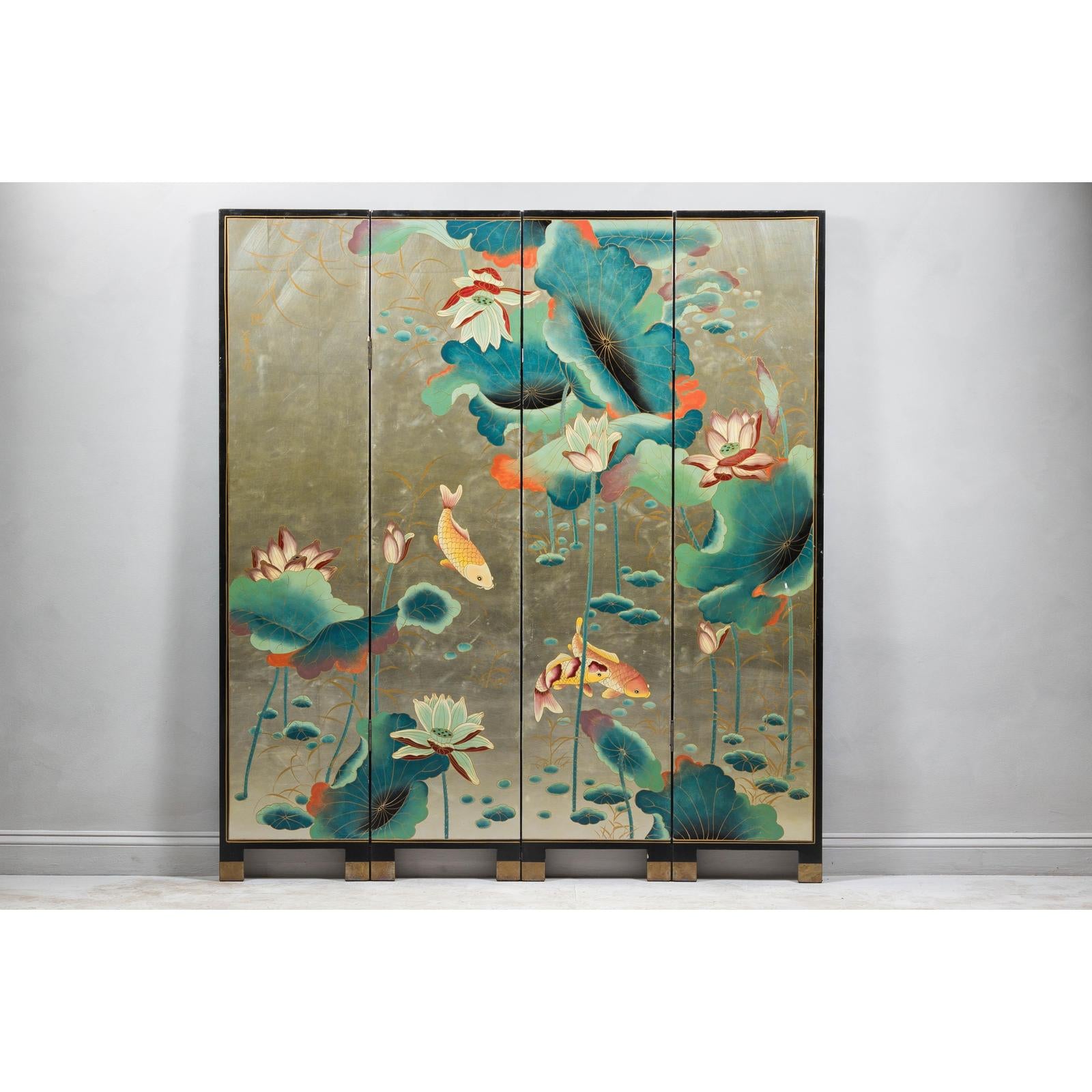 Four-Panel Screen with Koi and Lotus Design, Brass Feet, Elegant Room Divider