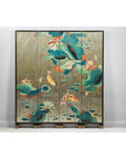 Four-Panel Screen with Koi and Lotus Design, Brass Feet, Elegant Room Divider