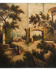 Hand-Painted Four-Panel Folding Screen with Architectural Landscape Scene