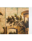 Hand-Painted Four-Panel Folding Screen with Architectural Landscape Scene