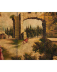 Hand-Painted Four-Panel Folding Screen with Architectural Landscape Scene