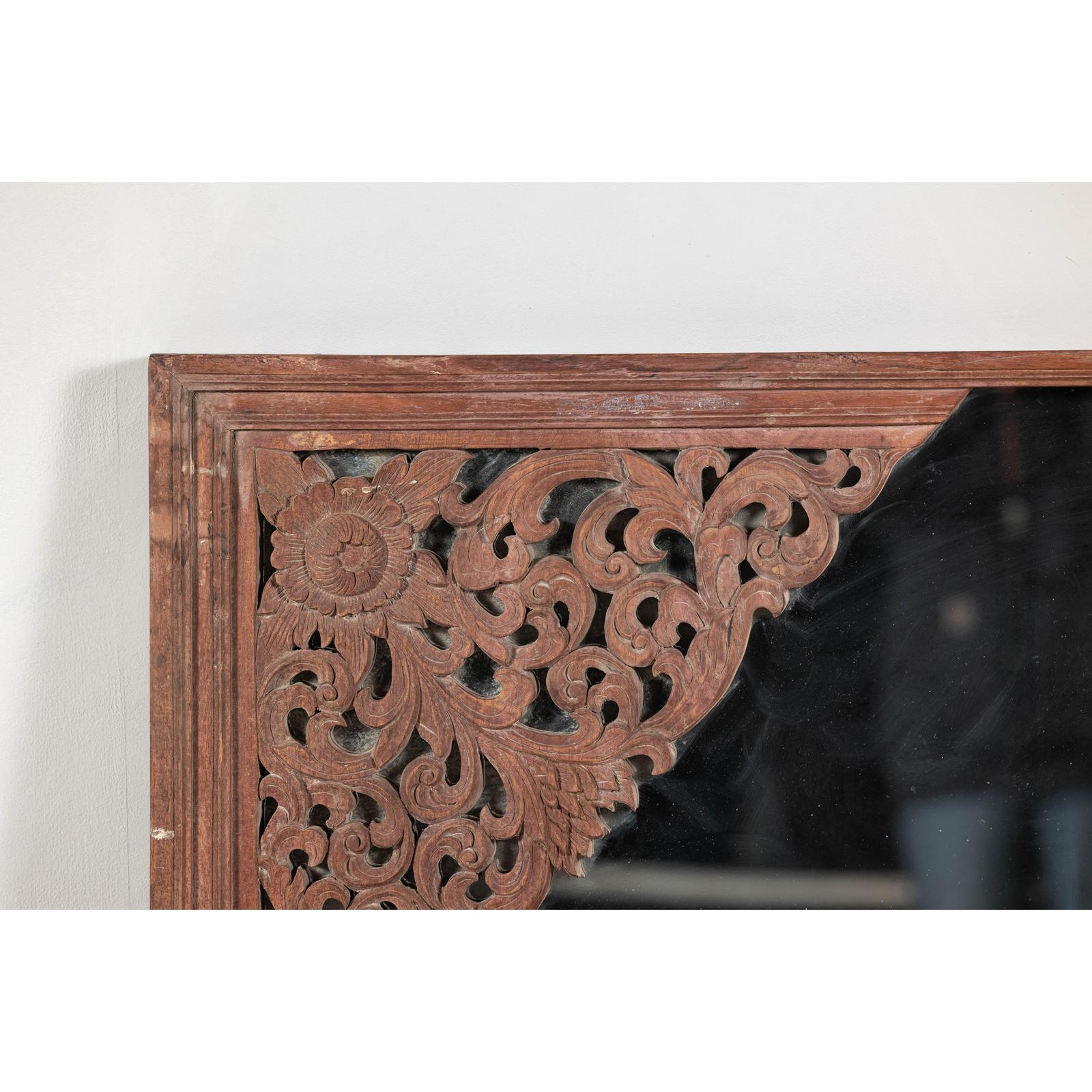 Antique Carved Hardwood Mirror with Floral Scrollwork, Early 20th Century
