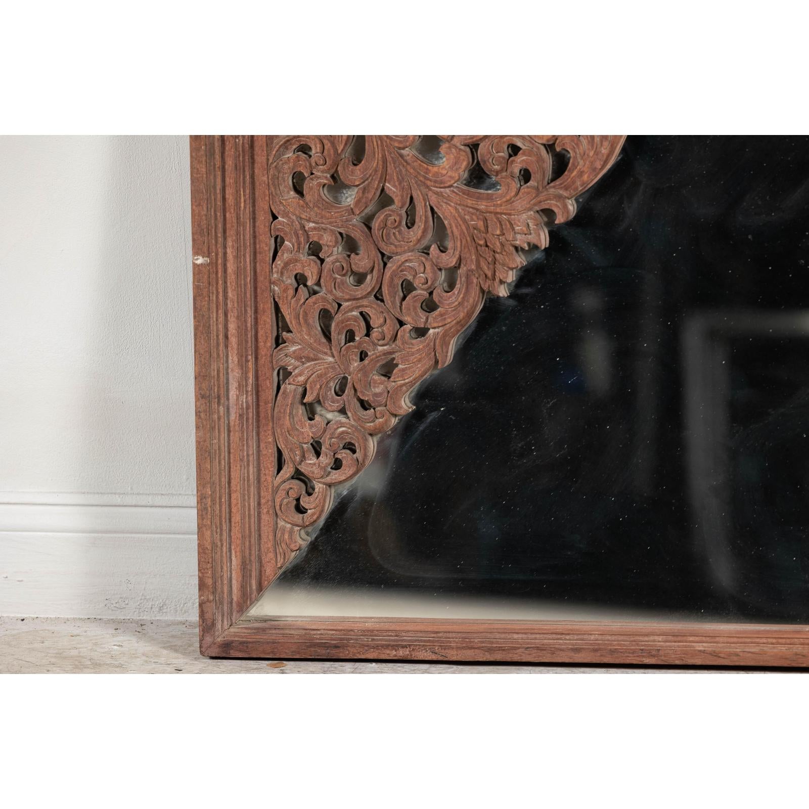 Antique Carved Hardwood Mirror with Floral Scrollwork, Early 20th Century